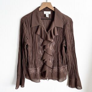 Vtg Fairy Grunge Crinkle Top Womens 14 Brown Sheer Button Up Lace Chiffon Artsy